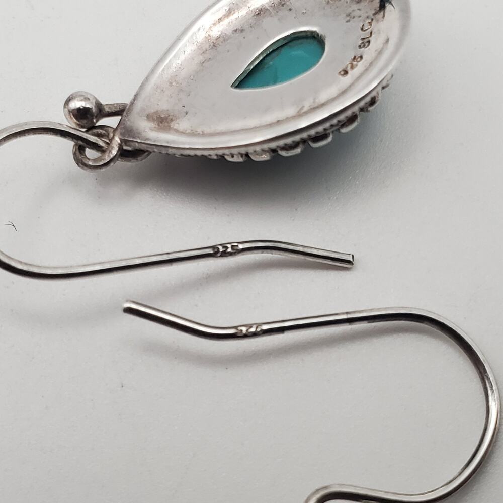 SLC 925 Vintage Sterling Silver Marcasite Turquoise Dangle Earrings Teardrop - Picture 8 of 9